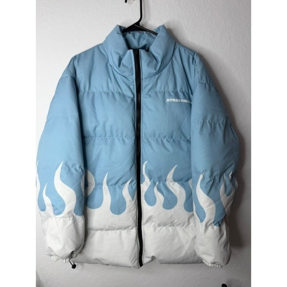 Streetrus Manfinity Blue White Flame Puffer Jacket XL Mens Streetwear Quilted